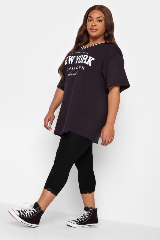 Evans YOURS FOR GOOD Curve Black Cotton Essential Lace Trim Crop Leggings