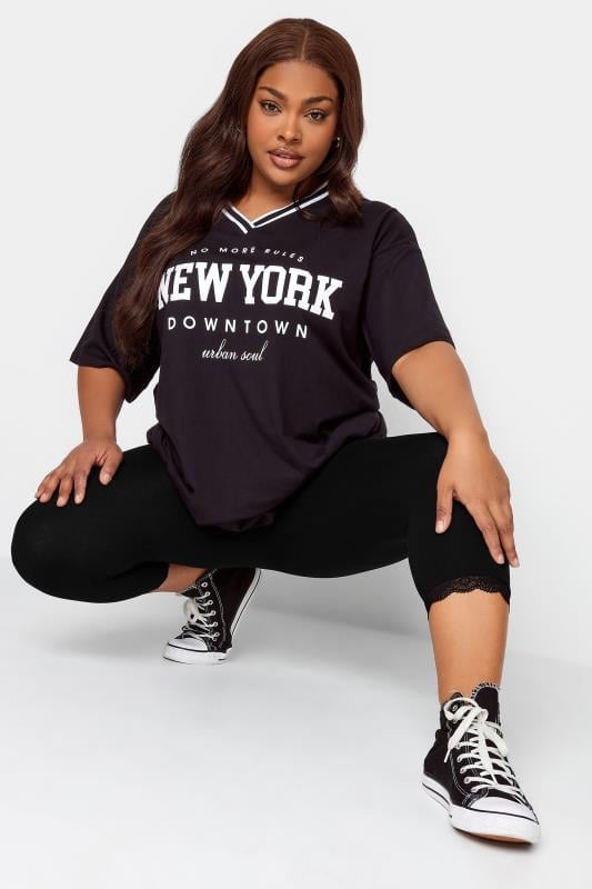 evans YOURS FOR GOOD Curve Black Cotton Essential Lace Trim Crop Leggings