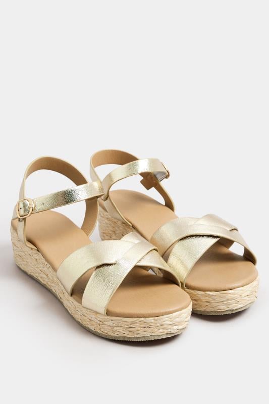 Evans Yours Gold Cross Strap Platform Wedge Sandals In Wide E Fit & Extra Wide EEE Fit