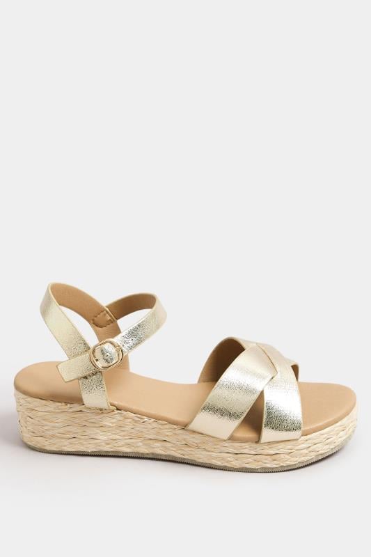 Evans Yours Gold Cross Strap Platform Wedge Sandals In Wide E Fit & Extra Wide EEE Fit