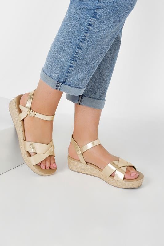 evans Yours Gold Cross Strap Platform Wedge Sandals In Wide E Fit & Extra Wide EEE Fit