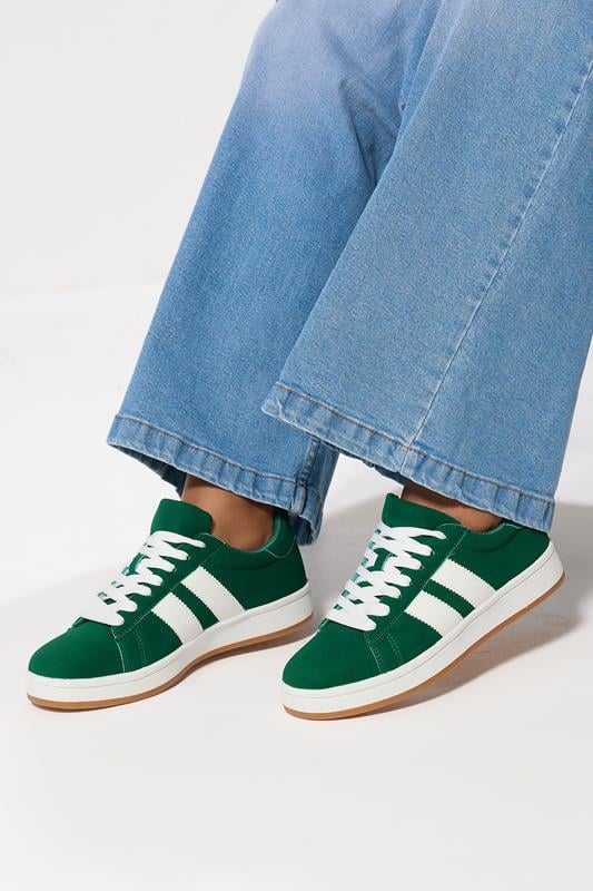 evans Yours Green Padded Lace Up Trainers In Wide E Fit