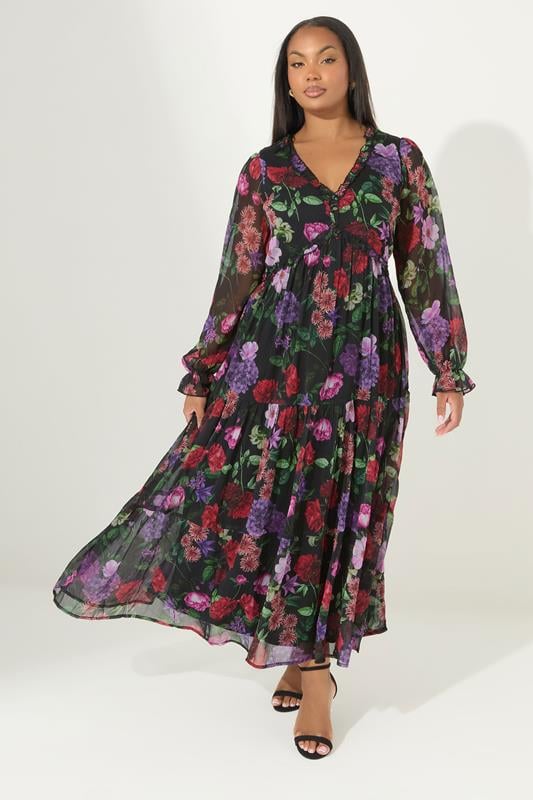 Evans YOURS LONDON Curve Black Floral Print Tiered Dress