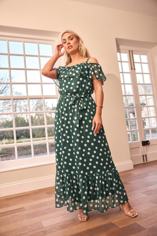 evans YOURS LONDON Curve Dark Green Polka Dot Metallic Maxi Dress