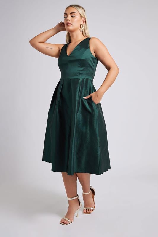 evans YOURS LONDON Curve Emerald Green Pleated V-Neck Midi Dress