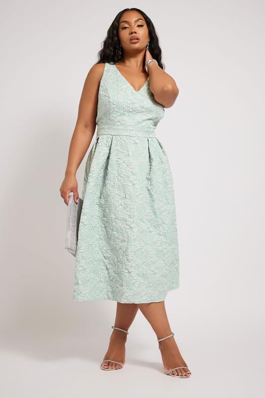evans YOURS LONDON Curve Green Floral Jacquard Prom Skater Dress