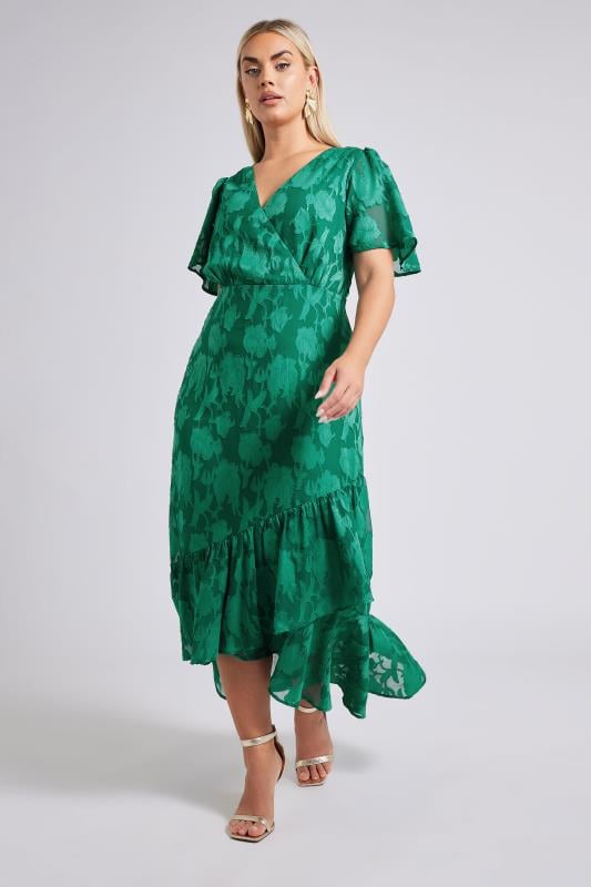 Evans YOURS LONDON Curve Green Jacquard Floral Wrap Ruffle Hem Dress
