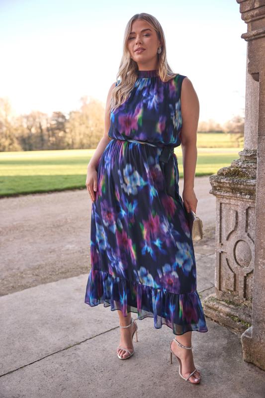 evans YOURS LONDON Curve Navy Blue Blurred Floral Print Maxi Dress