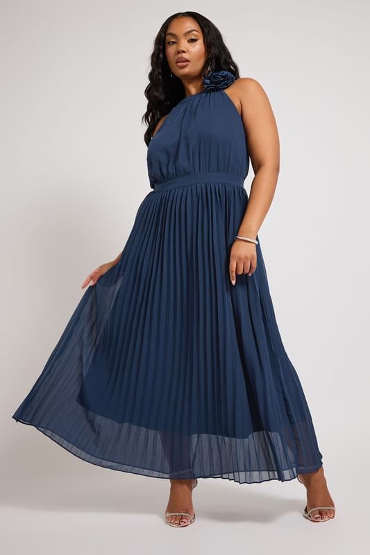 evans YOURS LONDON Curve Navy Blue Corsage Detail Pleated Maxi Dress