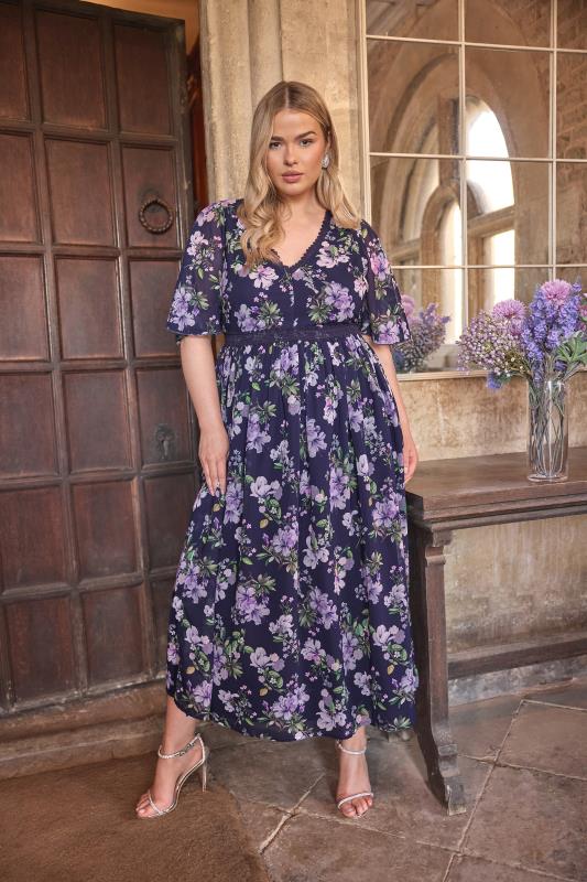 Evans YOURS LONDON Curve Navy Blue Floral Crochet Lace V-Neck Midaxi Dress