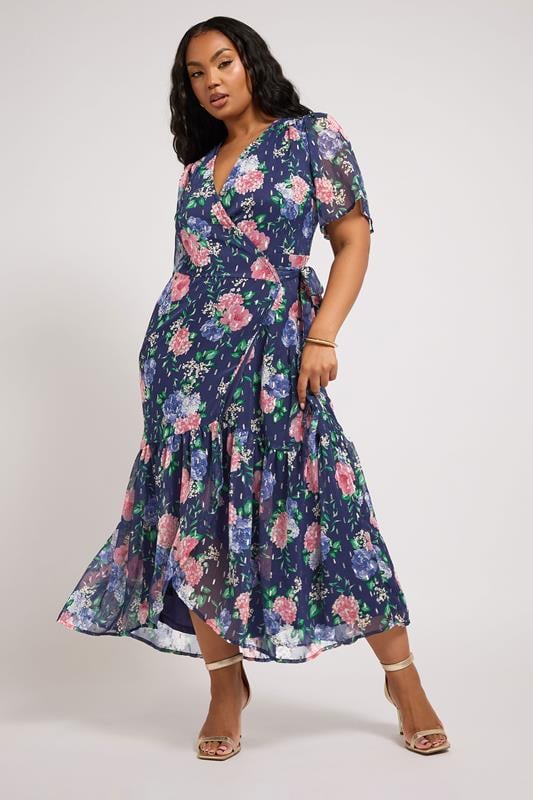 evans YOURS LONDON Curve Navy Blue Floral Metallic Wrap Dress