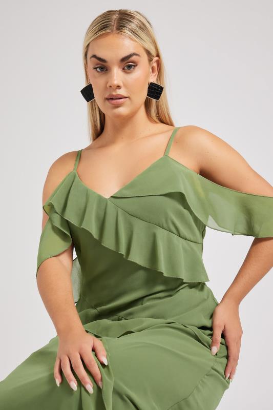 evans YOURS LONDON Curve Olive Green Ruffle Cold Shoulder Dress