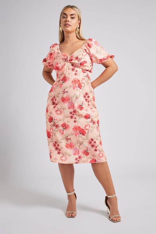 evans YOURS LONDON Curve Pink Floral Print Puff Sleeve Midaxi Dress