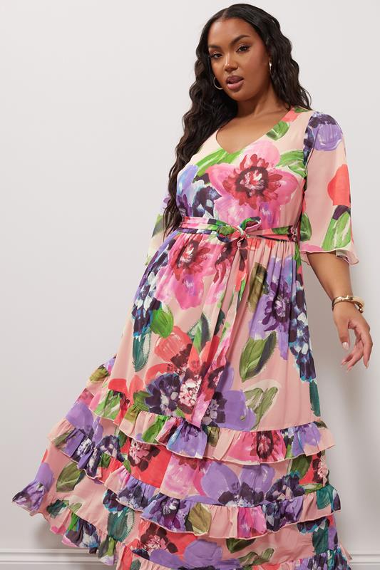 evans YOURS LONDON Curve Pink Floral Print Tiered Maxi Dress