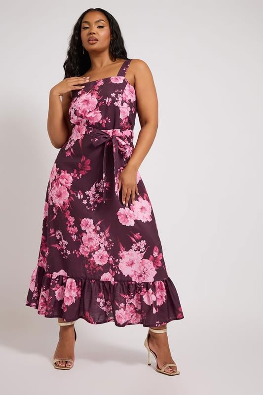Evans YOURS LONDON Curve Purple Floral Print Linen Look Dress