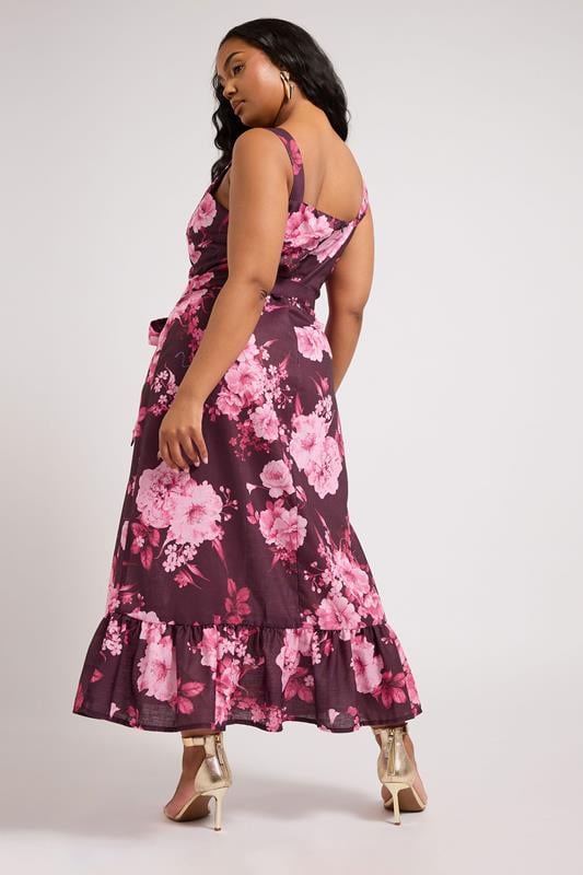 Evans YOURS LONDON Curve Purple Floral Print Linen Look Dress