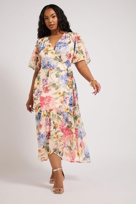 evans YOURS LONDON Curve White Floral Print Metallic Wrap Dress