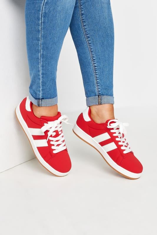 Evans Yours Red Padded Lace Up Trainers In Wide E Fit