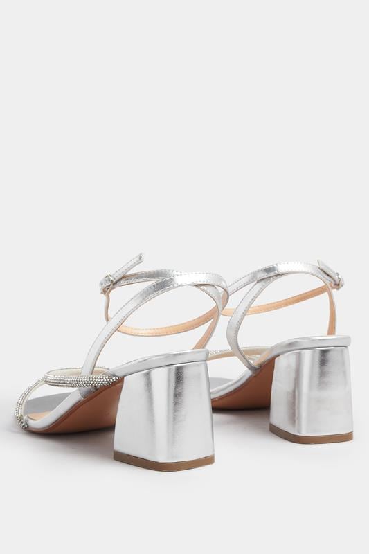 Evans Yours Silver Diamante Block Heel Sandals In Extra Wide EEE Fit