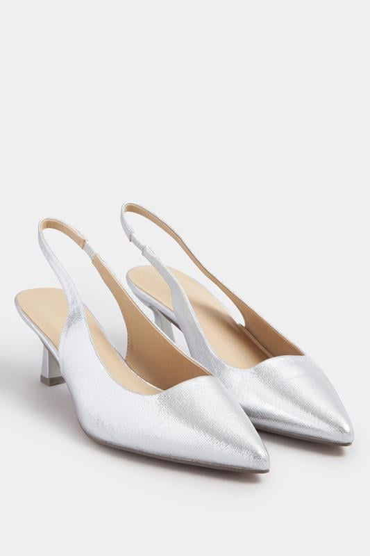 Evans Yours Silver Faux Leather Slingback Kitten Heels In Extra Wide EEE Fit