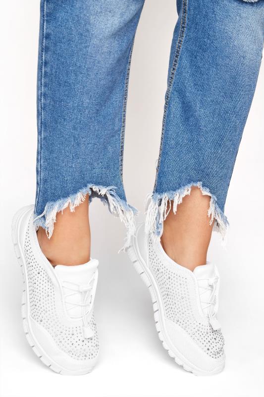 evans Yours White Diamante Embellished Trainer In Extra Wide EEE Fit